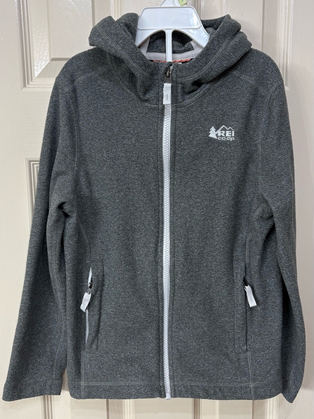 REI Kids' Charcoal Hooded Fleece Jacket Size 8 read